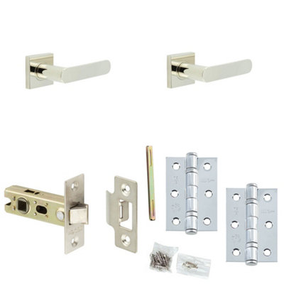 Door Handle & Latch Set Nickel Flat Lever Square Plain On Rose