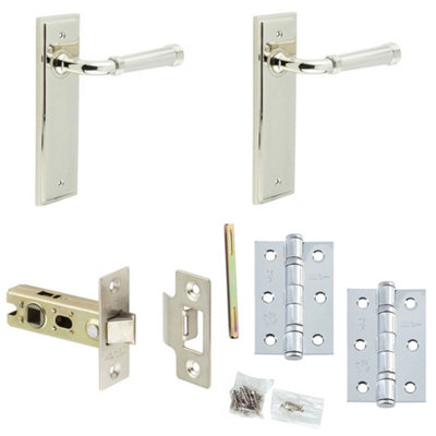 Door Handle & Latch Set Nickel Grooved Premium Rounded Lever Latch Backplate