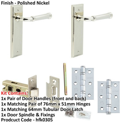 Door Handle & Latch Set Nickel Grooved Premium Rounded Lever Latch Backplate