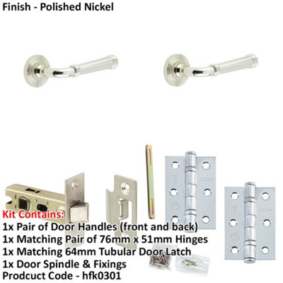 Door Handle & Latch Set Nickel Grooved Premium Rounded Lever Round Reeded On Rose
