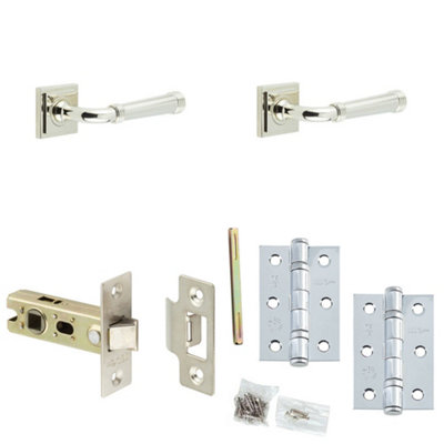 Door Handle & Latch Set Nickel Grooved Premium Rounded Lever Square Stepped On Rose