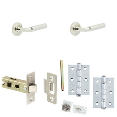 Door Handle & Latch Set Nickel Knurled Premium Rounded Lever Round Chamfered On Rose