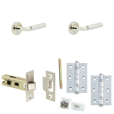Door Handle & Latch Set Nickel Knurled Premium Rounded Lever Round Stepped On Rose