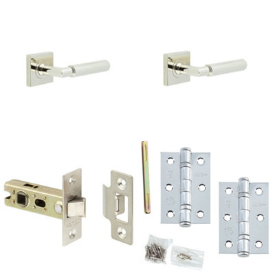 Door Handle & Latch Set Nickel Knurled Premium Rounded Lever Square Plain On Rose