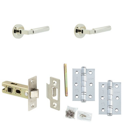 Door Handle & Latch Set Nickel Mitred Premium Rounded Lever Round Knurled On Rose