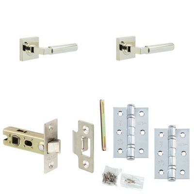 Door Handle & Latch Set Nickel Mitred Premium Rounded Lever Square Plain On Rose
