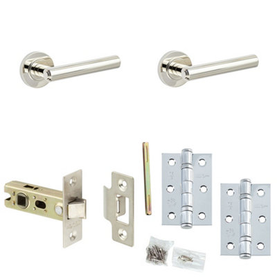 Door Handle & Latch Set Nickel Premium Rounded Lever Round Plain On Rose