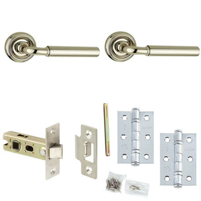 Door Handle & Latch Set Nickel Premium Rounded Lever Round Recessed On Rose