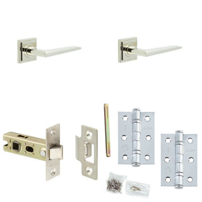 Door Handle & Latch Set Nickel Slim Mitred Lever Square Stepped On Rose