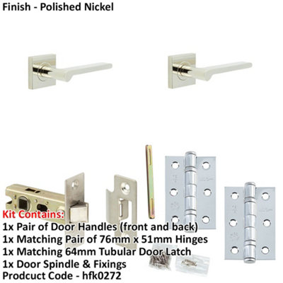 Door Handle & Latch Set Nickel Slim Rounded Lever Square Plain On Rose