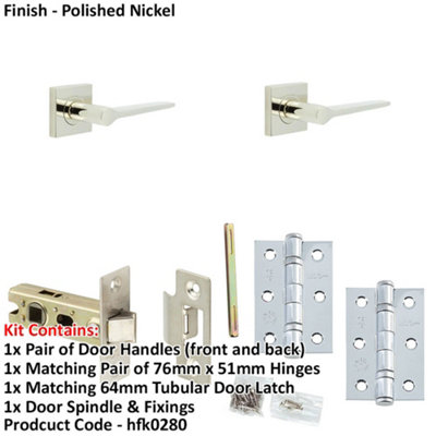 Door Handle & Latch Set Nickel Slim Tapered Lever Square Plain On Rose