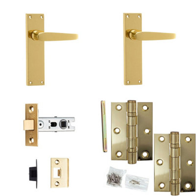 Door Handle & Latch Set Polished Brass Flat Lever Latch Backplate