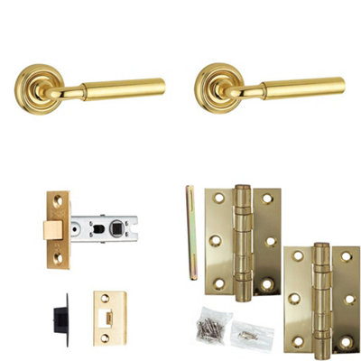 Door Handle & Latch Set Polished Brass Premium Rounded Lever Round Recessed On Rose