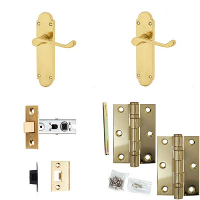 Door Handle & Latch Set Polished Brass Sculpted Lever Latch Backplate
