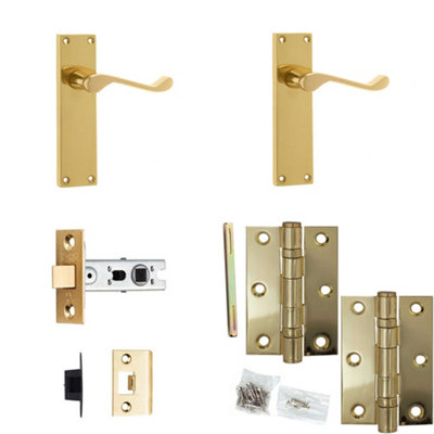 Door Handle & Latch Set Polished Brass Sculpted Lever Latch Long Backplate
