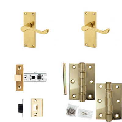 Door Handle & Latch Set Polished Brass Sculpted Lever Latch Short Backplate