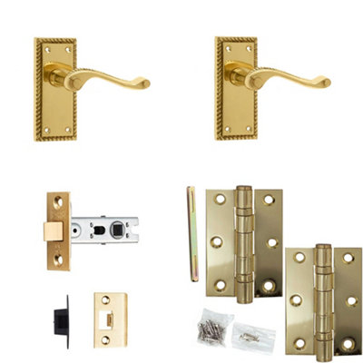 Door Handle & Latch Set Polished Brass Sculpted Ridged Lever Latch Backplate