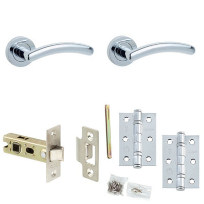 Door Handle & Latch Set Polished Chrome Curved Premium Rounded Lever Round Plain On Rose