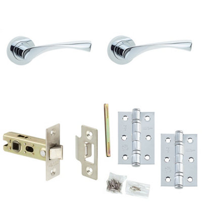 Door Handle & Latch Set Polished Chrome Twisted Lever Round Plain On Rose
