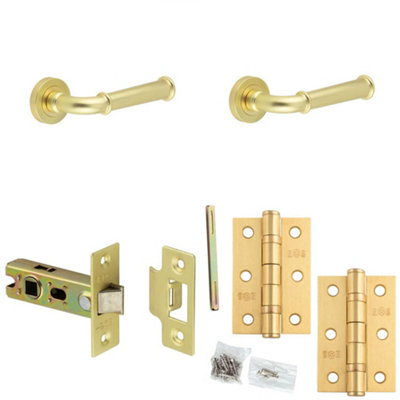 Door Handle & Latch Set Satin Brass Edged Premium Rounded Lever Round Plain On Rose