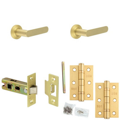 Door Handle & Latch Set Satin Brass Flat Lever Round Chamfered On Rose