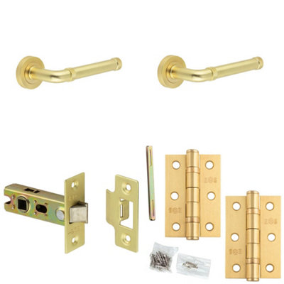 Door Handle & Latch Set Satin Brass Knurled-Edge Premium Rounded Lever Round Plain On Rose
