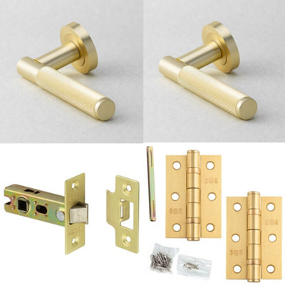 Door Handle & Latch Set Satin Brass Knurled Premium Rounded Lever Round Plain On Rose