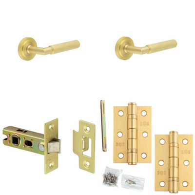 Door Handle & Latch Set Satin Brass Knurled Premium Rounded Lever Round Stepped On Rose
