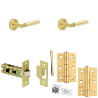 Door Handle & Latch Set Satin Brass Mitred Premium Rounded Lever Round Knurled On Rose