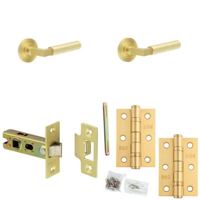 Door Handle & Latch Set Satin Brass Mitred Premium Rounded Lever Round Reeded On Rose