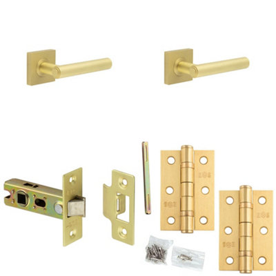 Door Handle & Latch Set Satin Brass Premium Rounded Lever Square Plain On Rose