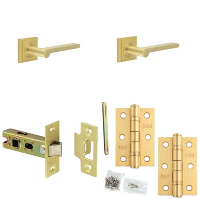 Door Handle & Latch Set Satin Brass Slim Rounded Lever Square Stepped On Rose