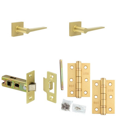 Door Handle & Latch Set Satin Brass Slim Tapered Lever Square Plain On Rose