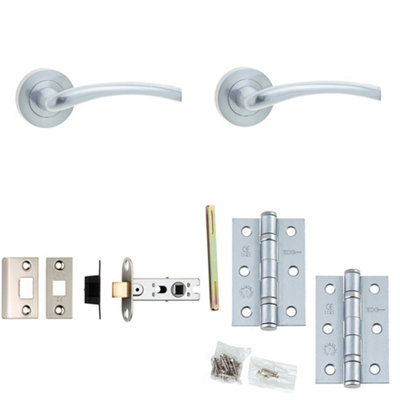 Door Handle & Latch Set Satin Chrome Curved Lever Round Plain On Rose