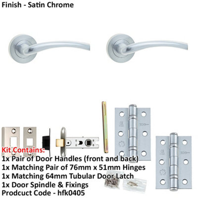 Door Handle & Latch Set Satin Chrome Curved Lever Round Plain On Rose