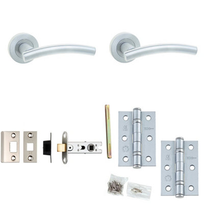 Door Handle & Latch Set Satin Chrome Curved Premium Rounded Lever Round Plain On Rose