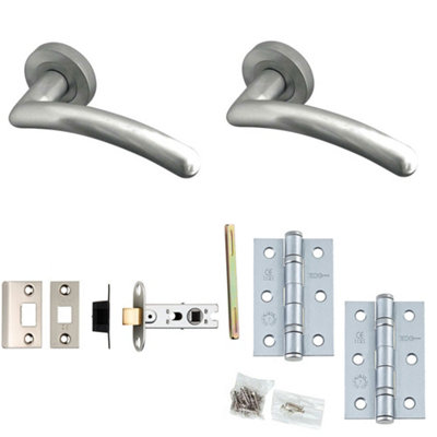 Door Handle & Latch Set Satin Chrome Curved Rounded Premium Rounded Lever Round Plain On Rose