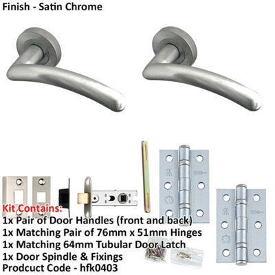 Door Handle & Latch Set Satin Chrome Curved Rounded Premium Rounded Lever Round Plain On Rose