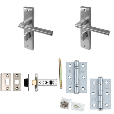 Door Handle & Latch Set Satin Chrome Modern Lever Latch Bathroom Backplate