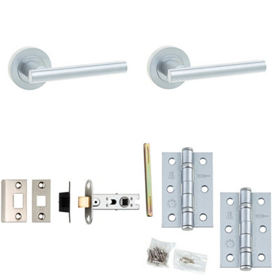 Door Handle & Latch Set - Satin Chrome Premium Rounded Lever Round Plain On Rose