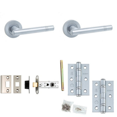 Door Handle & Latch Set Satin Chrome Ridged Premium Rounded Lever Round Plain On Rose