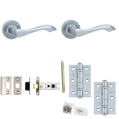 Door Handle & Latch Set Satin Chrome Sculpted Lever Round Plain On Rose