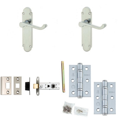 Door Handle & Latch Set Satin Chrome Sculpted Rounded Lever Latch Backplate