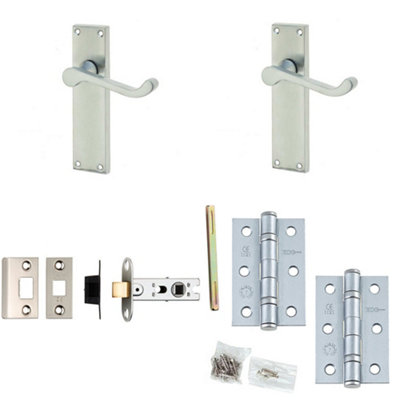 Door Handle & Latch Set Satin Chrome Sculpted Rounded Lever Latch Long Backplate