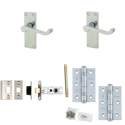 Door Handle & Latch Set Satin Chrome Sculpted Rounded Lever Latch Short Backplate