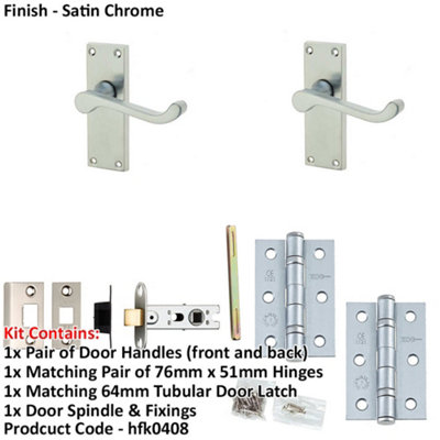 Door Handle & Latch Set Satin Chrome Sculpted Rounded Lever Latch Short Backplate