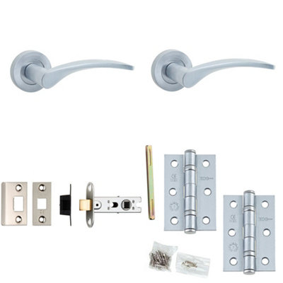 Door Handle & Latch Set Satin Chrome Slim Curved Lever Round Plain On Rose