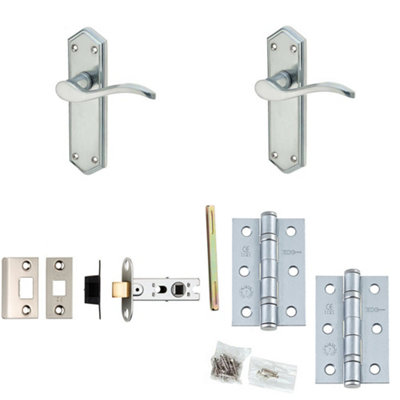 Door Handle & Latch Set Satin Chrome Slim Sculpted Lever Latch Backplate