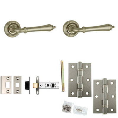 Door Handle & Latch Set Satin Nickel Convex Lever Round Recessed On Rose