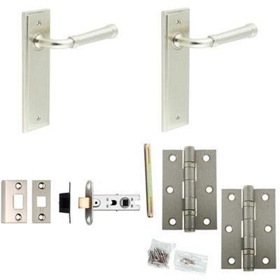 Door Handle & Latch Set Satin Nickel Grooved Premium Rounded Lever Latch Backplate